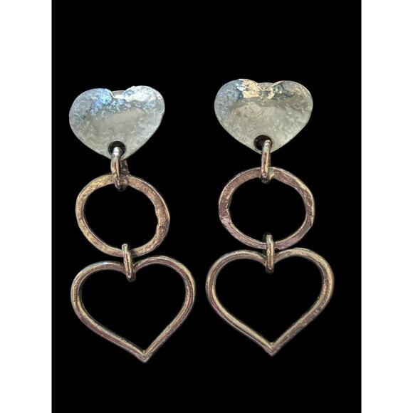 Hammered Silver Double Heart Circle Clip On Earrings Dangle Boho Artisan Western - Picture 1 of 5